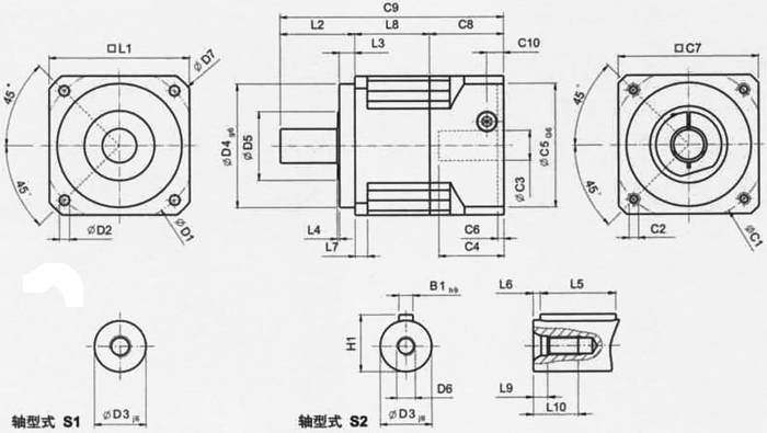 AB系列減速機尺寸(單節,減速比i=3~10)